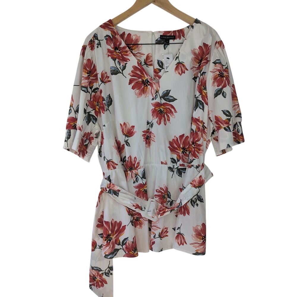 NWT Lane Bryant Floral Short Puff Sleeve V-neck Belted Blouse